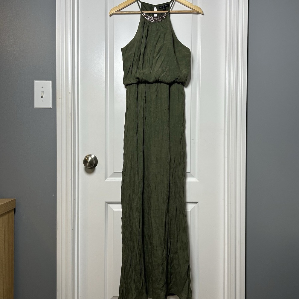 As U Wish‎ Olive Green Crinkle Gold Plate Halter Blouson Maxi Dress Boho Style